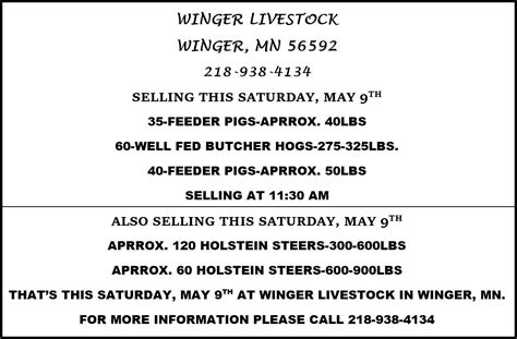 Box 96, <b>Winger</b>, MN, United States, Minnesota (218) 938-4134 diavar@gvtel. . Winger livestock auction results